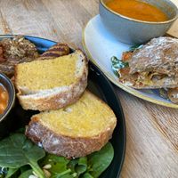 Breakfast platter & smoked tofu w/kimchi sandwich + soup! at Chapter One Coffee Shop in Edinburgh