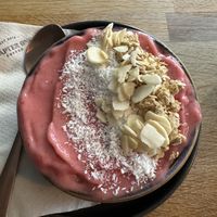 Pink smoothie bowl   at Chapter One Coffee Shop in Edinburgh
