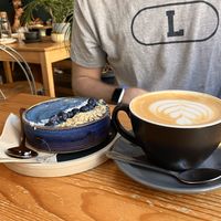 Blue Smoothie Bowl and Latte at Chapter One Coffee Shop in Edinburgh