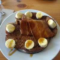 French toast with bacon, maple syrup and banana. at Chapter One Coffee Shop in Edinburgh