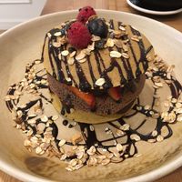 Pancakes with vegan nutella, banana and strawberries at Odacova in Barcelona