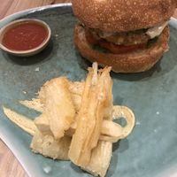 Green burger and yuca fries  at Odacova in Barcelona