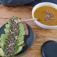Soup and avocado sandwich at Plenty in The Hague