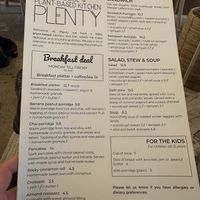 Menu  at Plenty in The Hague