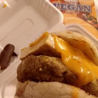 Breakfast sandwich, yummy but spicy. Vegan 'twix' in background was phenomenal! at Mark of the Beastro in Salt Lake City