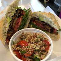 TTLA -  tempeh bacon, tomato, avocado, arugula, & garlic aioli on Rosemary Focaccia with Quinoa Tabouli salad as the side. at Downtown Deli & Donuts in Spartanburg