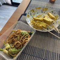Tofu satay and yellow noodles   at Phen's Restaurant in Phuket