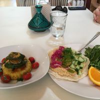 Polenta with zucchini and warm tomatoes and a falafel wrap.  at Terra Veg in Klamath Falls