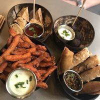 Finger food sharer and sweet potato fries - all delicious!  at La Cantine Viêtgétarienne in Bordeaux