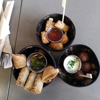 Mix of entrées : tofu, samosas, nems and ‹‹ meat ››balls at La Cantine Viêtgétarienne in Bordeaux