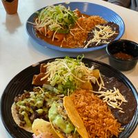 The combo plate - potato taquitos & 2 kinds of tacos with rice n beans, and the enchilada plate at Conrad's Mexican Grill in San Pedro