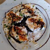 Really tasty aubergine with tahini and soy sauce with hazelnuts. at Baobab in Bilbao