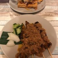 Vegan satay skewers, fried tofu and bean sprout salad  at Kuala Lumpur Café in Leeds