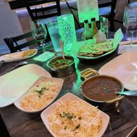 Baingan Bharta (Vegan, further away) and Dal Palak (vegan closer) and Tandoori Roti  at Indian Bistro 14 in Arlington