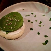 Dessert: mustard greens sorbet, meringue, grits, and caramelized apples at Dirt Candy in New York City