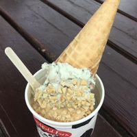 Salted caramel and mint choc chip - too big for the cone so had to get an emergency pot 😂  at Ice N Cold in Brean