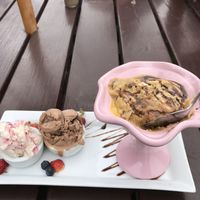 Warm cookie dough and two ice cream from a choice -- mmm delish! at Ice N Cold in Brean