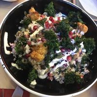Roasted cauli, freekeh, kale &pomegranate & pumpkin seedsharing salad w tahini at Bath St. Burger in Glasgow