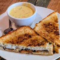 Mushroom Grilled Cheese & Cup of Cheddar Veggie Soup at High Note Cafe in Boise