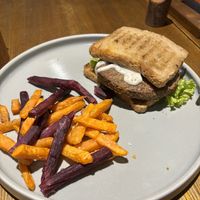 Mighty Mushroom Burger on gluten-free bread, add-on sweet potato fries   at Burgreens - Menteng in Jakarta