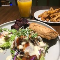 Messy Chick'n Burger and sweet potato fries at Burgreens - Menteng in Jakarta