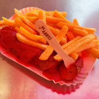 Vegan Currywurst with fries at Curry 36 in Berlin