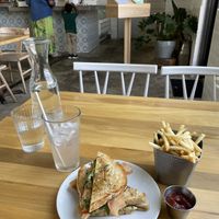 Caprese melt with vegan bacon, fries and lavender lemonade. All wonderful!   at Verdine in Houston