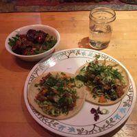 Tasty jackfruit tacos, with a side arugula and beet salad at Good Karma Artisan Ales & Cafe in San Jose