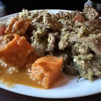 3 item plate with Chile verde, Thai red curry, and Jamaican Jerk  at Good Karma Artisan Ales & Cafe in San Jose