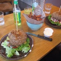 Bitterballen burger + Indo sensation burger + sweet potato fries at Lust in Groningen