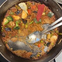Pan of Fideau which portion was served fromm  at BLoved Veggie Corner in Madrid