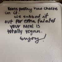 Friendly note left because I asked for no dairy   at Jerusalem Cafe in Mobile