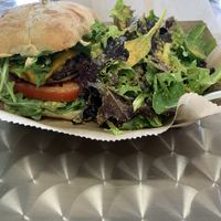 Black bean burger with cashew cream sauce  at Seed to Table Vegan Eatery in Venice
