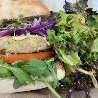 Special-cannellini bean and artichoke heart burger ￼  at Seed to Table Vegan Eatery in Venice