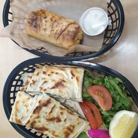 Gozleme w/side salad $15.00, Potato borek (both delicious!) at Kevabs in Brunswick