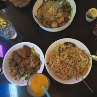pho soup on top. queens joy and chow mein   at Vegetarian House in San Jose