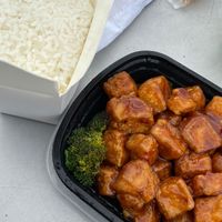 general tso tofu, rice and fortune cookie at Beansprout Chinese Restaurant in Raleigh