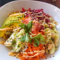 Tempeh poke bowl that didn't have any tempeh, but was still tasty at De Governeur in Willemstad