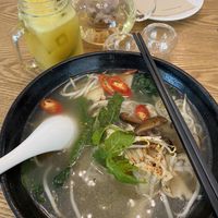 Vegetarian chicken mushroom pho soup with fizzy passion fruit drink and rose tea with wolfberry  at Green Ba - Somerset in Central Singapore
