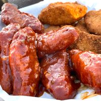 We ordered vegan wings - spicy dry rub (six pepper combination) and spicy bbq 
(bbq with habanero relish). at Art's Pub in Lansing