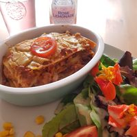 Homemade extra tasty lasagna with fresh salad of homegrown nasturtium 😍 at Catchacarrot Vegan in Ardfern