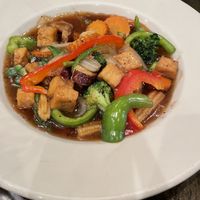 Thai basil tofu with added eggplant   at Champa in Raleigh