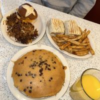 Vegan breakfast sandwich, vegan chik’n ceaser wrap, and vegan chocolate chip pancakes   at The Lindenhurst Diner in Lindenhurst