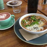 Mapo tofu congee with Red Velvet hot chocolate and choc mint hemp smoothie  at Boneless Vegetarian Cafe in Bermagui