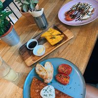 Chickpea omelette, grilled cheese and savoury buckwheat pancakes ! at Eqvilibrivm Cafe in Barcelona