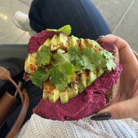 Avo toast with beetroot hummus  at Eqvilibrivm Cafe in Barcelona