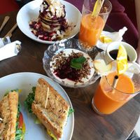 Avocado / black bean sandwich, bancakes and vegan yoghurt at Eqvilibrivm Cafe in Barcelona