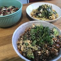 Buddha Bowl, Warm Rainbow Salad and Mama’s Bolognese at Eqvilibrivm Cafe in Barcelona