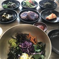 Delicious and filling bibimbap with the amazing purple jeon 😊  at Babiboyak in Jeju