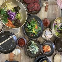 Bibimbap and beetroot pancakes  at Babiboyak in Jeju